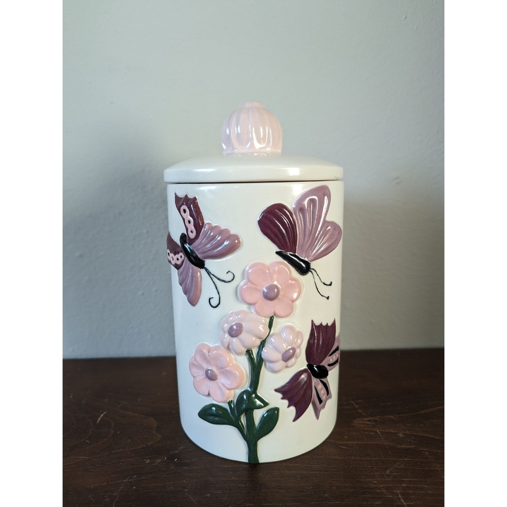 1970s Hand Painted Butterfly and Flowers Ceramic Cannister 7.5"